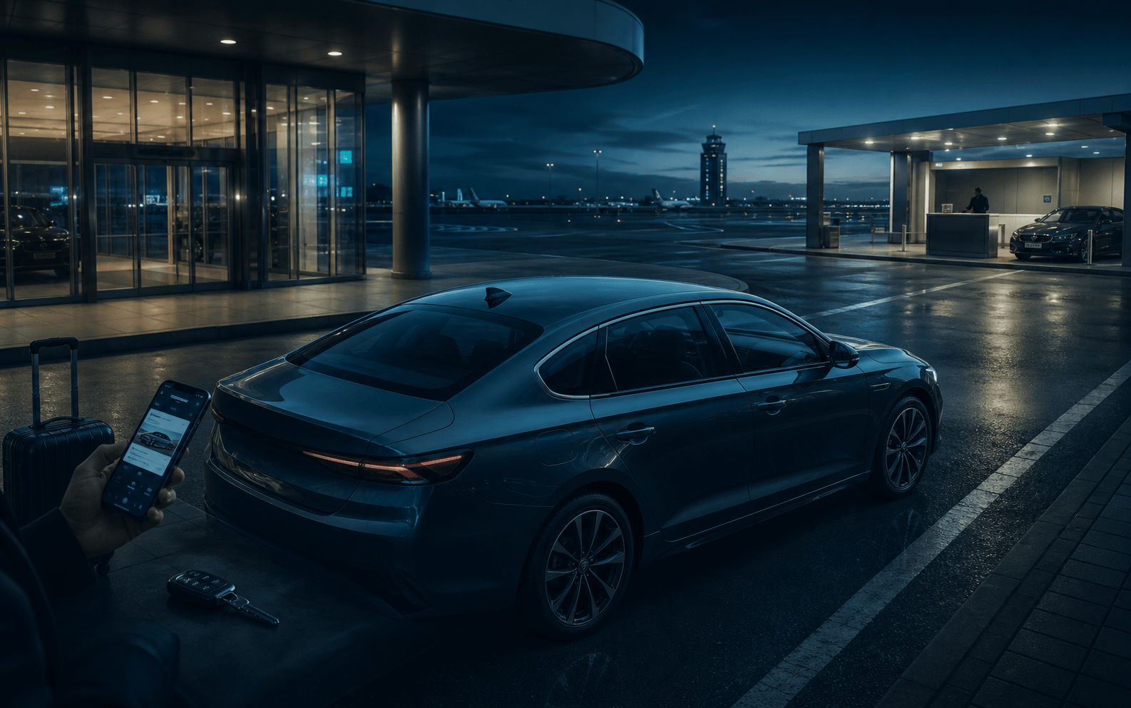 Car headlights on a winding night road